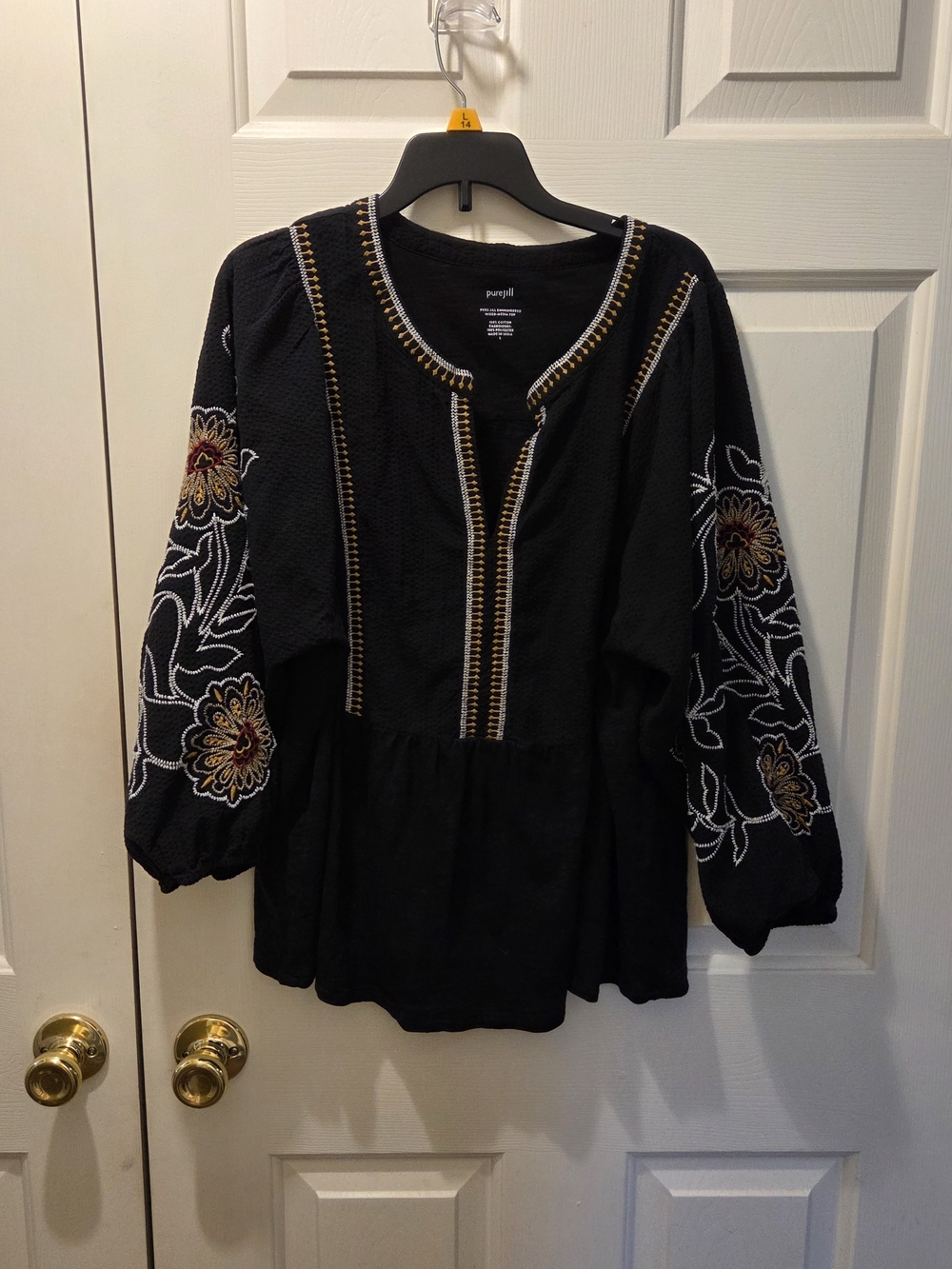 Embroidered Black Peasant Blouse with Floral Sleeve Detail